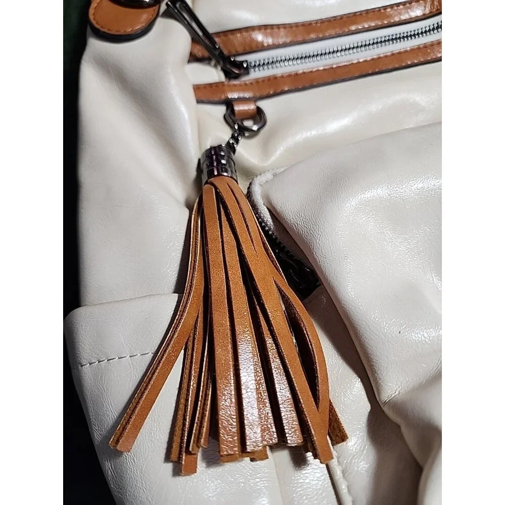 Leather Travel Backpack 2 Toned Tassel Opage No Shoulder Strap School Work Vacat